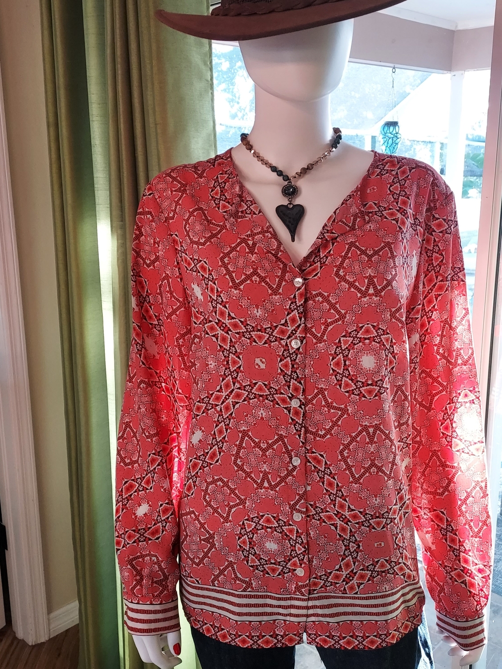 Talbots Coral Print Button-Front Blouse